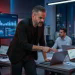 Reunião corporativa em escritório moderno com cinco pessoas; um homem em pé aponta para tela de laptop enquanto gráficos de vendas são exibidos em monitores ao fundo.