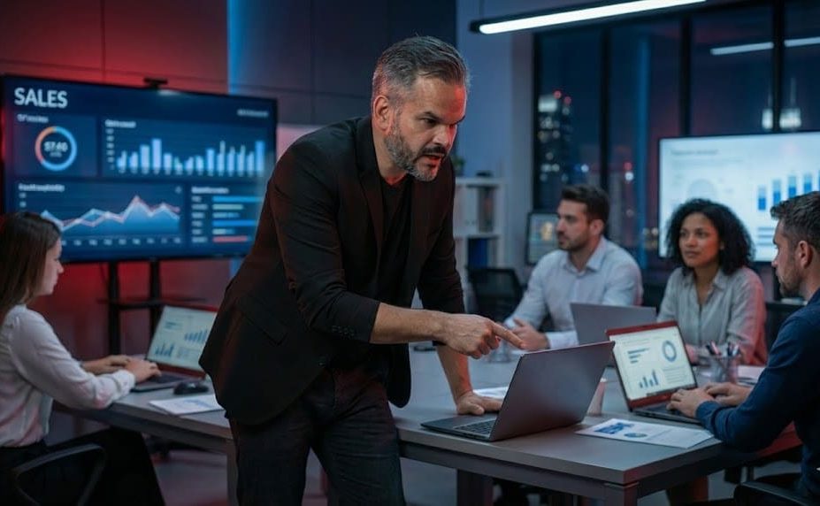 Reunião corporativa em escritório moderno com cinco pessoas; um homem em pé aponta para tela de laptop enquanto gráficos de vendas são exibidos em monitores ao fundo.