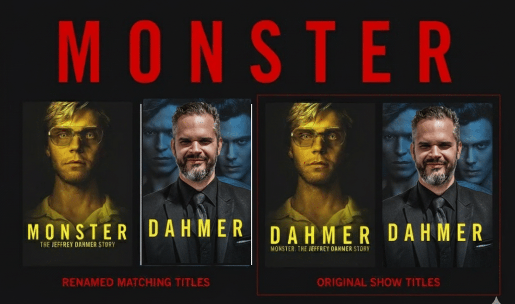 Comparação visual da série Monster, mostrando os pôsteres originais de “Dahmer – Monster: The Jeffrey Dahmer Story” e versões renomeadas, destacando a mudança de títulos e identidade visual da produção.