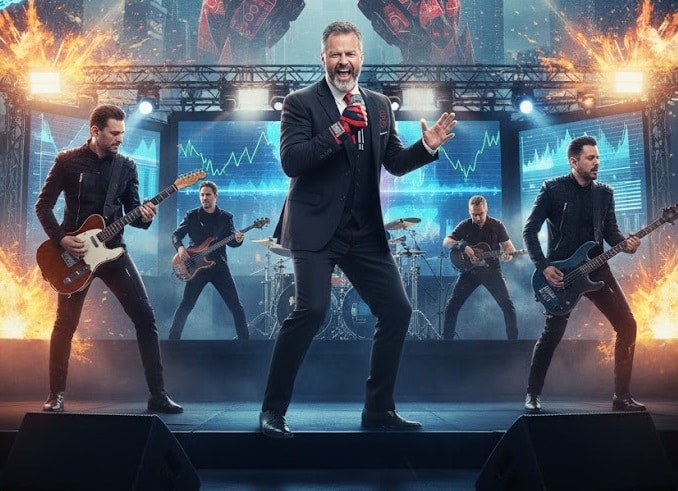 Paul & Jack aparece no centro de um palco de rock, segurando um microfone e cantando com energia, cercado por uma banda completa; gráficos financeiros em telas gigantes e explosões de luz compõem o cenário futurista e intenso.