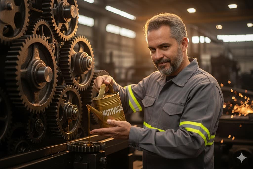 Homem maduro em uniforme industrial usando um regador com a palavra “Motivação” para lubrificar engrenagens metálicas em uma fábrica.