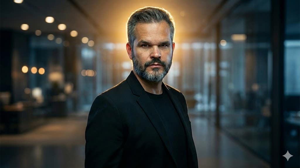 Homem adulto com barba grisalha em ambiente corporativo moderno, iluminado por contraluz quente que cria halo ao redor da cabeça, transmitindo confiança e autoridade.