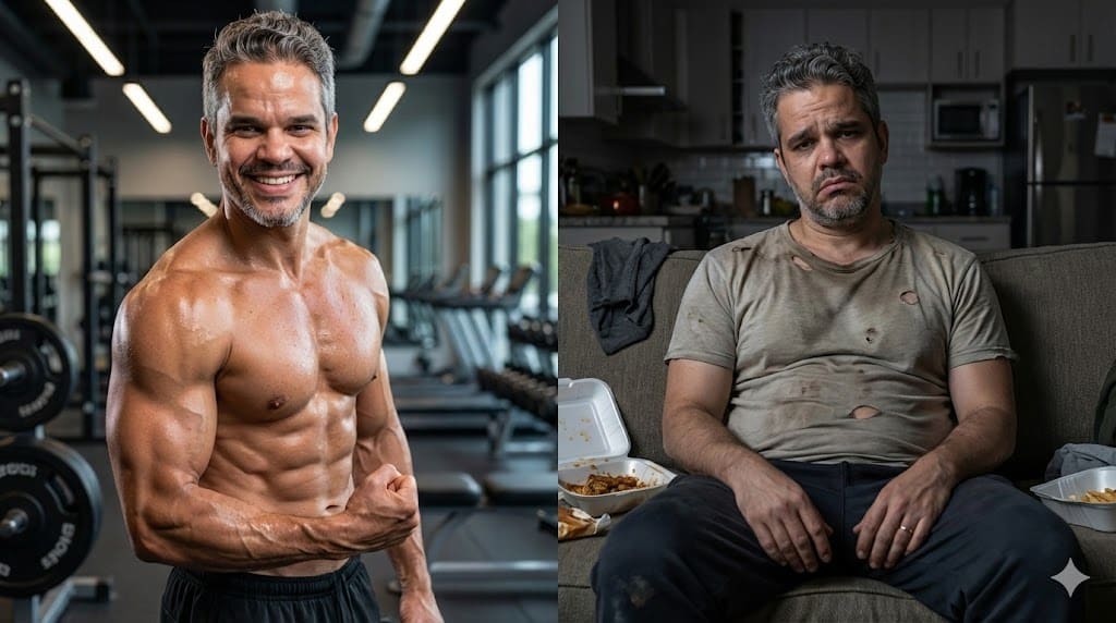 Comparação lado a lado do mesmo homem: à esquerda, em forma e confiante em uma academia; à direita, desleixado e sedentário em casa, cercado por embalagens de comida.