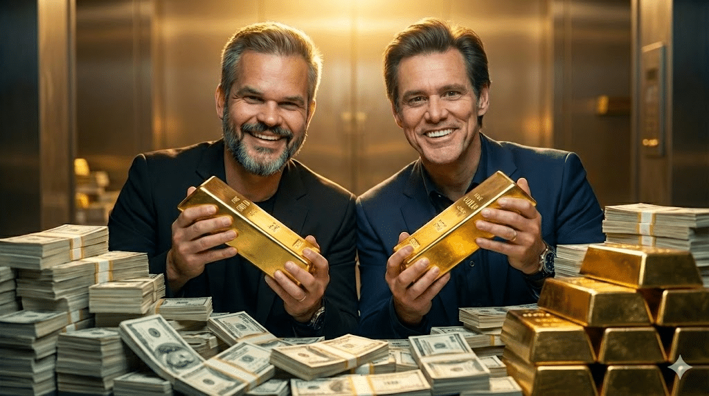 Dois homens adultos sorrindo em ambiente corporativo sofisticado, segurando barras de ouro, cercados por pilhas de dinheiro, simbolizando sucesso financeiro e definição de objetivos claros.