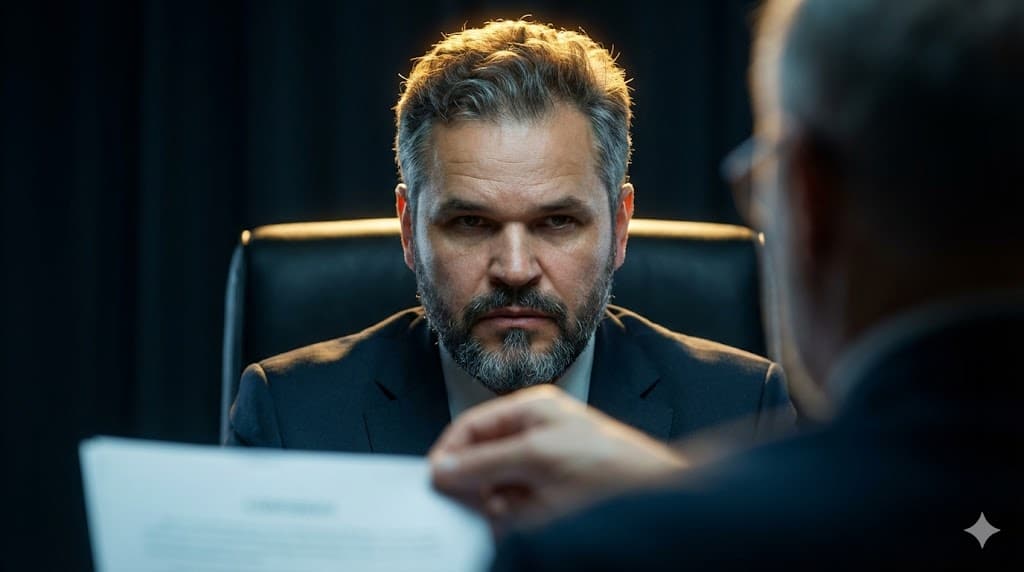 Retrato em formato 16:9 de Paul & Jack, mágico e palestrante, sentado à mesa em ambiente corporativo escuro, com expressão séria e concentrada, encarando um avaliador fora de foco que segura um documento. Iluminação dramática com luz fria no rosto e contraluz suave no cabelo, transmitindo tensão, julgamento e tomada de decisão.