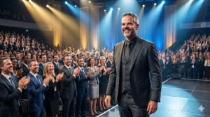 Homem de terno em pé no palco, sorrindo, enquanto uma grande plateia de executivos aplaude em um auditório corporativo iluminado por luzes cênicas.
