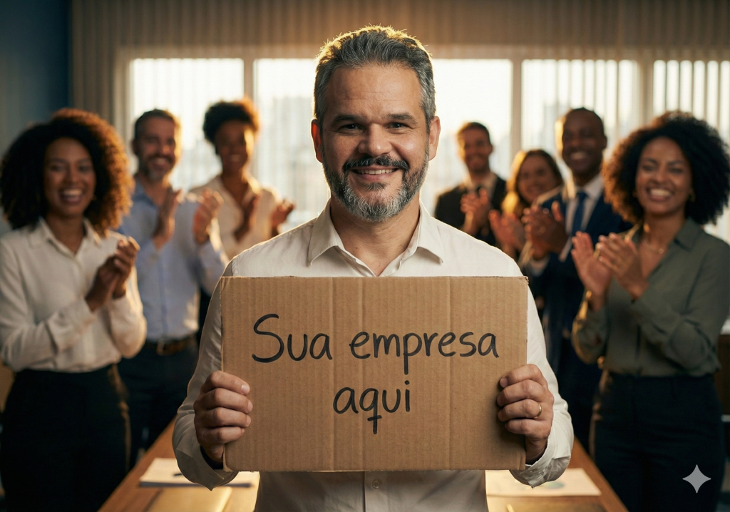 Homem sorridente segurando um cartaz de papelão com a frase “Sua empresa aqui”, em frente a um grupo de pessoas aplaudindo em ambiente corporativo.