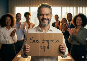 Homem sorridente segurando um cartaz de papelão com a frase “Sua empresa aqui”, em frente a um grupo de pessoas aplaudindo em ambiente corporativo.