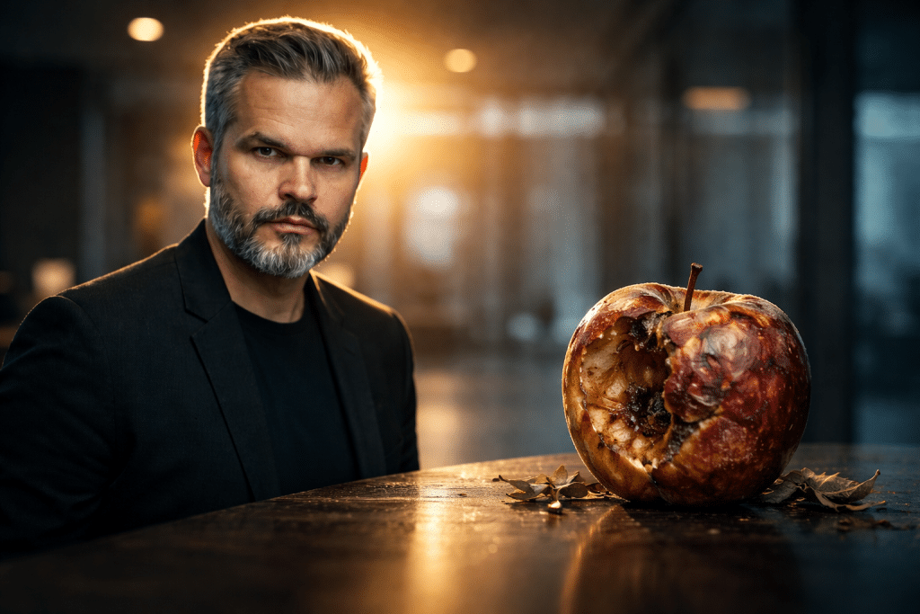 Homem em ambiente corporativo moderno ao lado de uma maçã podre sobre a mesa, simbolizando como uma única falha pode comprometer o desempenho de toda a equipe.