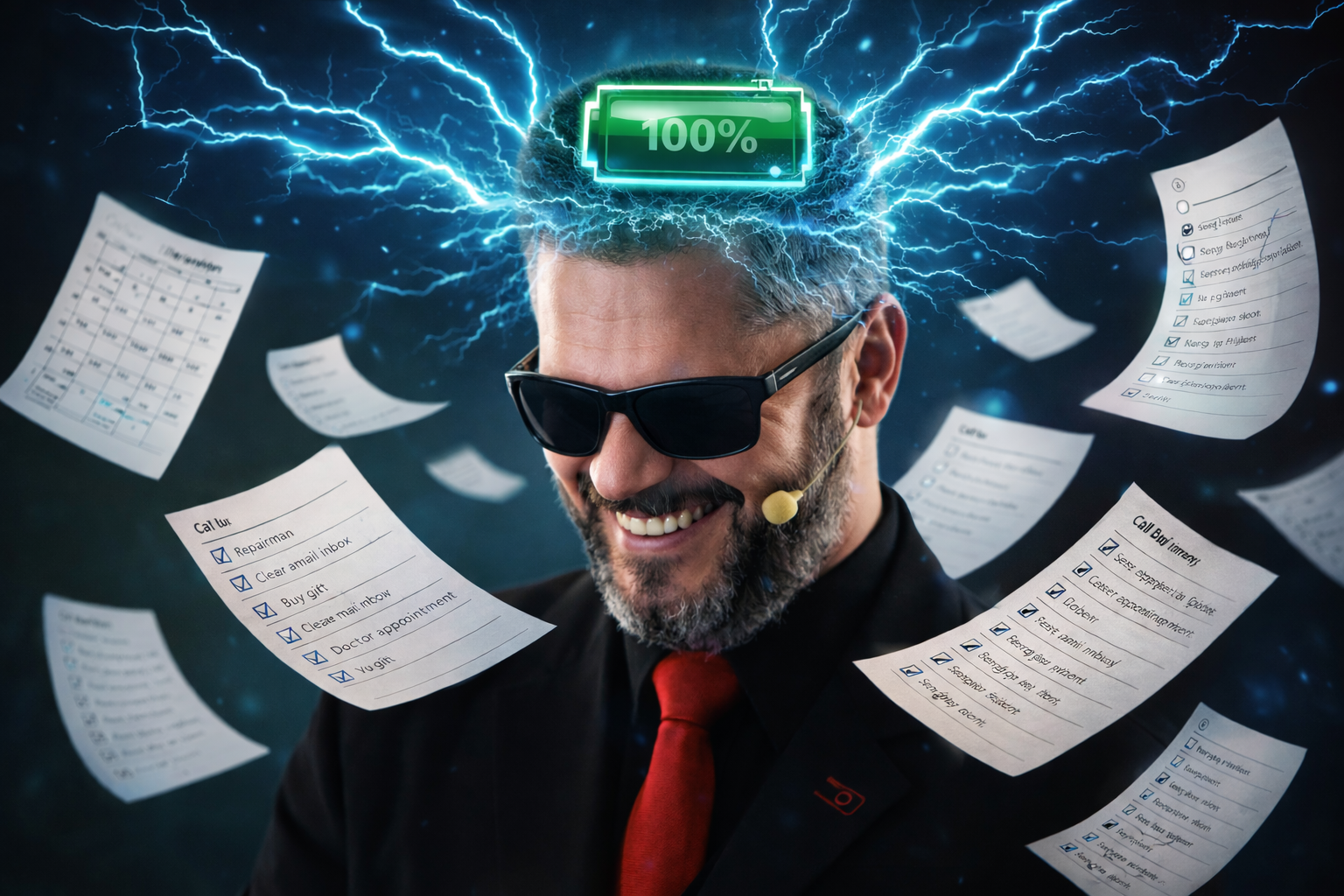 Homem palestrante em estilo hiper-realista, usando óculos escuros, com expressão confiante. Uma bateria marcando 100% aparece sobre sua mente, enquanto raios de energia saem da cabeça. Ao redor, folhas de caderno flutuam com listas de tarefas organizadas por datas, simbolizando clareza mental, foco e alta performance.