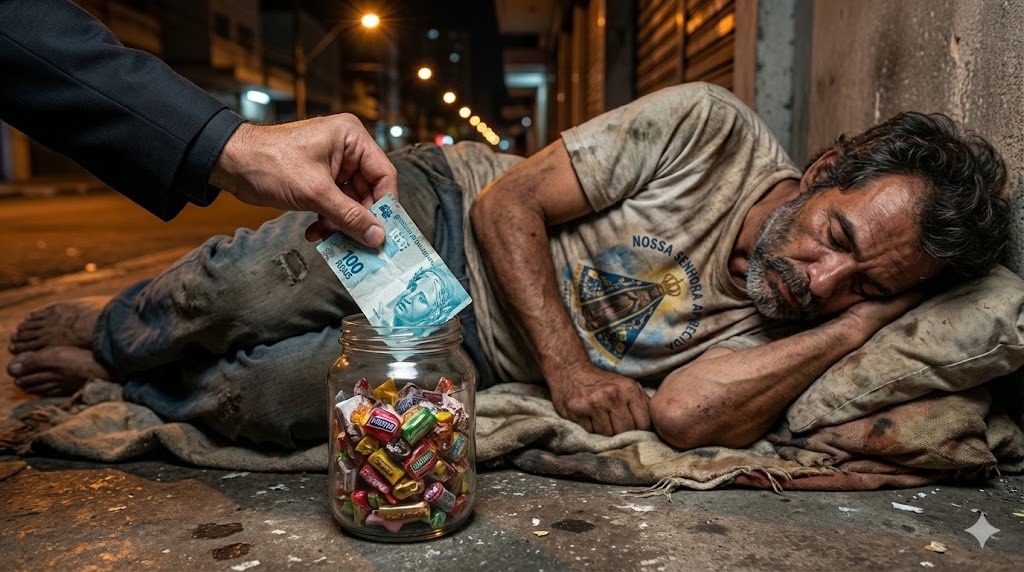 Homem em situação de rua dormindo sobre uma manta na calçada à noite, com pote de doces à frente e uma mão colocando uma nota de 100 reais no recipiente.
