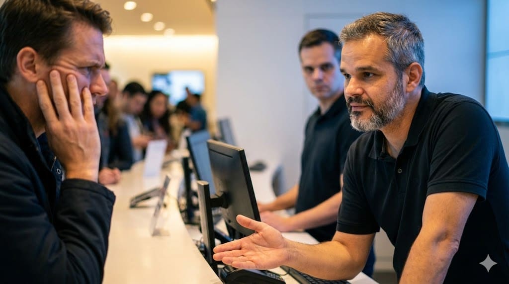 No atendimento ao cliente, a empatia e a conexão humana superam qualquer script. Esta imagem captura o momento em que um atendente, com uma abordagem gentil e atenciosa, consegue quebrar a barreira da tensão de um cliente, enquanto um colega ao lado permanece focado na tela, seguindo o protocolo padrão. A diferença na iluminação reforça o contraste entre o calor do atendimento personalizado e a frieza do processo automatizado.