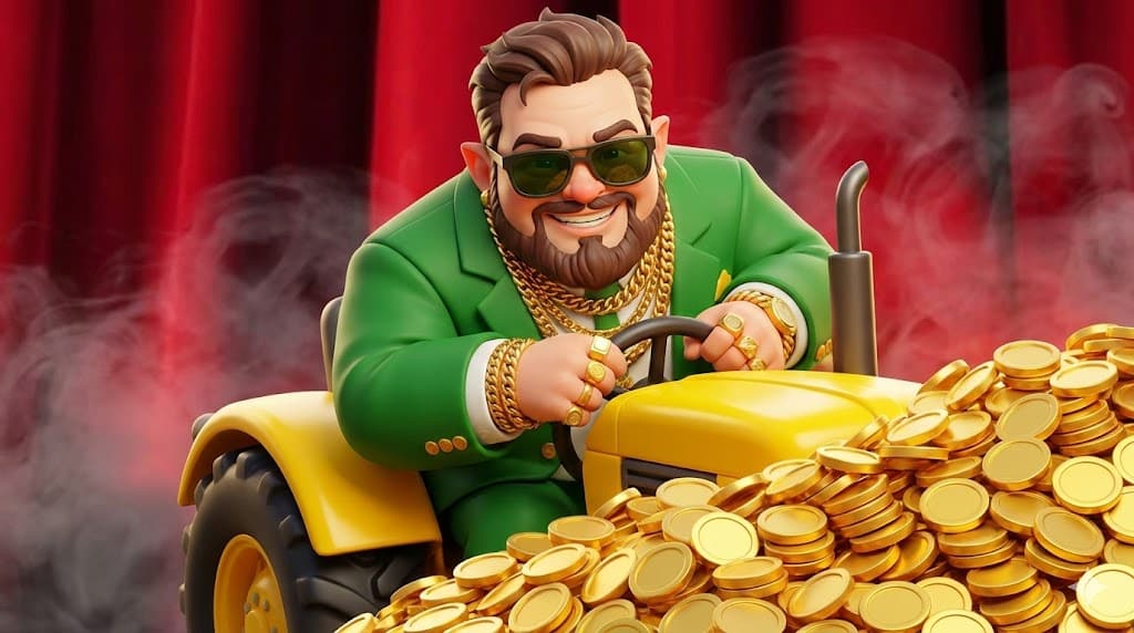 Leprechaun estilizado em 3D, com terno verde e acessórios dourados, dirigindo um trator amarelo enquanto empurra moedas de ouro com trevos.