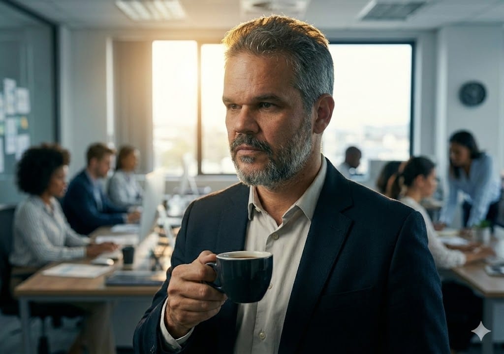 Homem de meia-idade com cabelos grisalhos e barba, vestindo terno escuro e camisa clara, segurando uma xícara de café em um escritório moderno com colegas ao fundo.