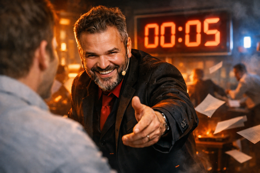 Homem de meia-idade, com barba grisalha e expressão confiante, aponta diretamente para um cliente em um escritório caótico, iluminado por luzes dramáticas. Ao fundo, um relógio digital marca 5 segundos, com fogo, fumaça e pessoas em movimento, criando um clima intenso e cinematográfico.
