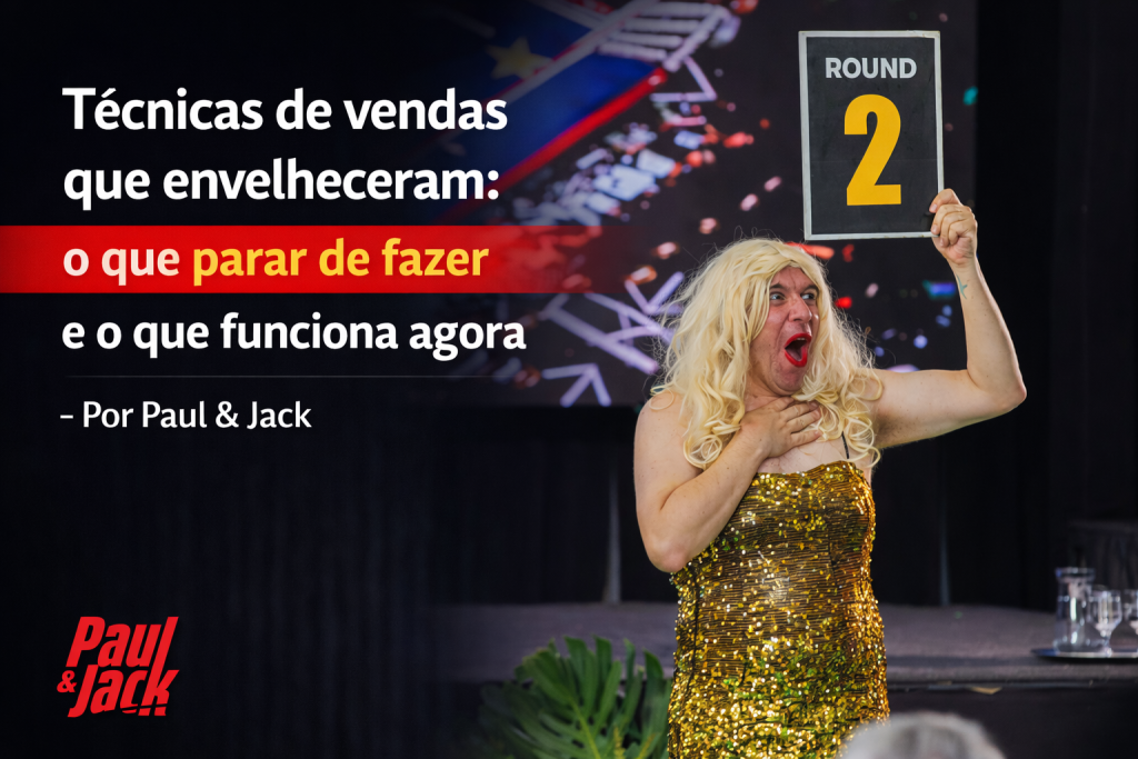 Capa de blog 16:9 com cenário de palco desfocado. À direita, Paul em tom bem-humorado, usando peruca loira e vestido dourado, segurando uma placa “ROUND 2”. À esquerda, texto grande: “Técnicas de vendas que envelheceram: o que parar de fazer e o que funciona agora – Por Paul & Jack”, com faixa vermelha destacando “o que parar de fazer”. Logo “Paul & Jack” no canto inferior esquerdo.