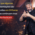 Palestrante em palco fazendo gesto com as mãos durante apresentação, com o título “Por que algumas apresentações são esquecidas em 24 horas e outras continuam vivas – Por Paul & Jack”.