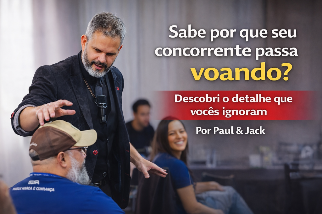 Paul, da dupla Paul & Jack, interage com participante durante palestra corporativa enquanto apresenta o tema “Sabe por que seu concorrente passa voando? Descobri o detalhe que vocês ignoram”.