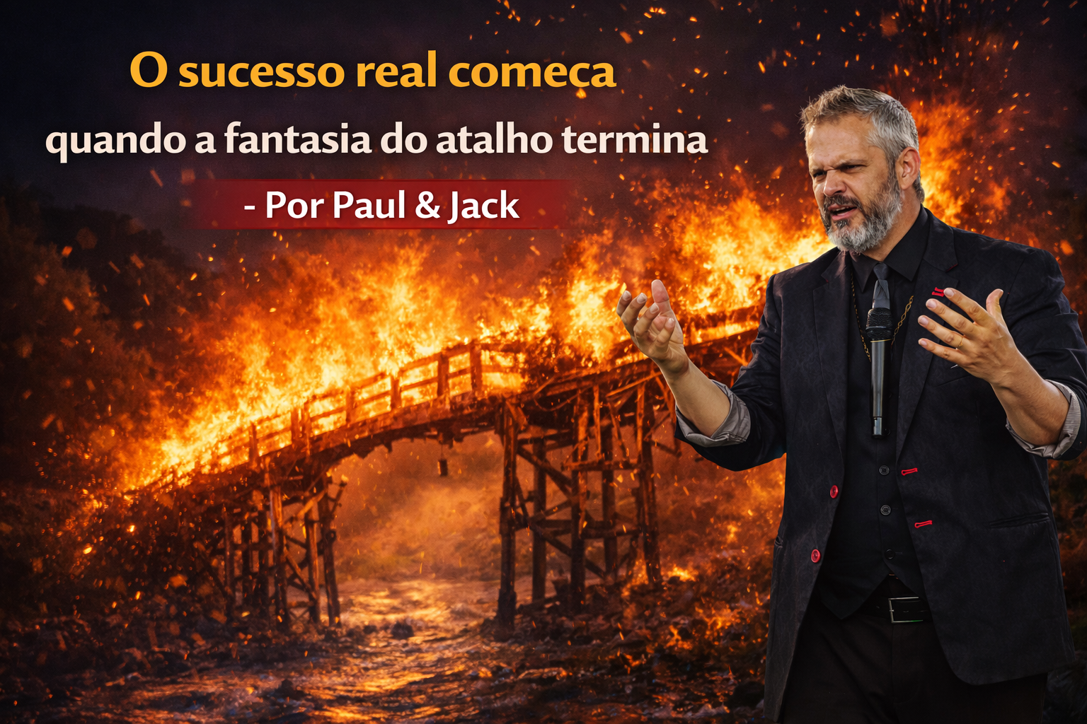 Palestrante em destaque diante de uma ponte em chamas, com expressão intensa e gesto firme, acompanhado do título “O sucesso real começa quando a fantasia do atalho termina – Por Paul & Jack”.