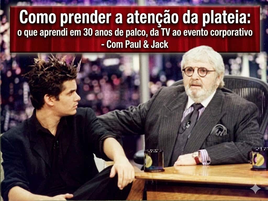 Paul & Jack em estúdio de televisão conversando sobre palco e comunicação, com título “Como prender a atenção da plateia: o que aprendi em 30 anos de palco, da TV ao evento corporativo”.