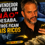 Capa de blog em formato 16:9 mostra um homem em primeiro plano, com expressão intensa e gesto firme com a mão, diante de uma tela escura com números e gráficos. À esquerda, o título em destaque diz: “Tem vendedor que ouve um ‘não’ e desaba. Outros ficam mais ricos - Por Paul & Jack”.