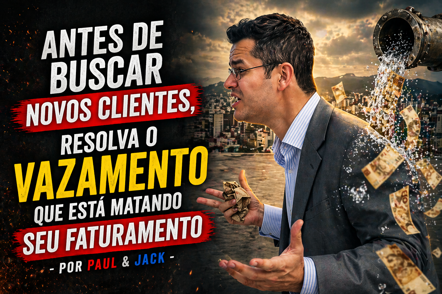 Capa de blog em formato 16:9 mostra um homem de terno em um cenário urbano, enquanto dinheiro escapa junto de um grande vazamento de água ao fundo. À esquerda, o título em destaque diz: “Antes de buscar novos clientes, resolva o vazamento que está matando seu faturamento - Por Paul & Jack”.