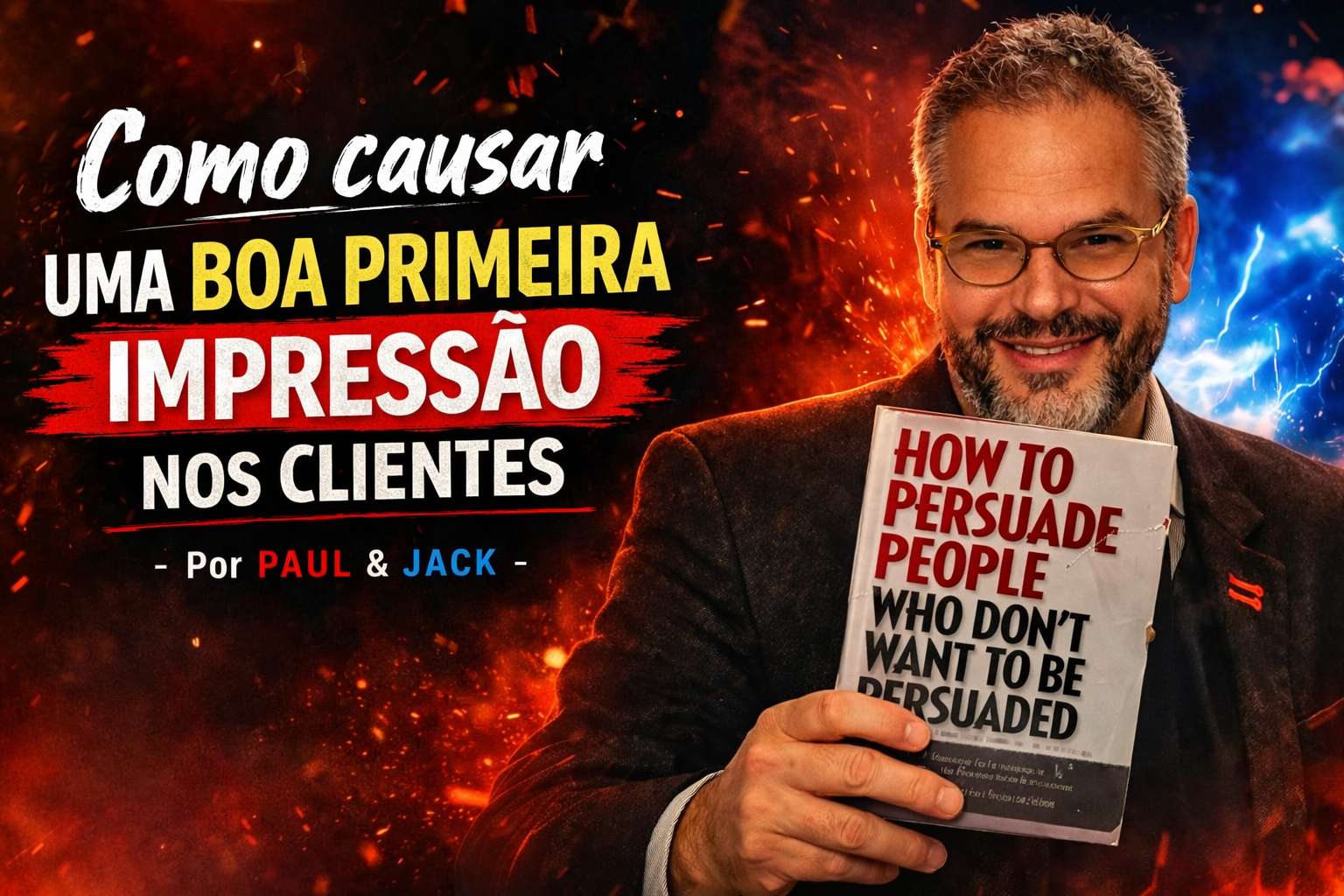 Capa de blog em formato 16:9 mostra Paul sorrindo e segurando um livro em frente ao corpo, com fundo dramático em tons de vermelho, laranja e azul. À esquerda, o título em destaque diz: “Como causar uma boa primeira impressão nos clientes - Por Paul & Jack”.