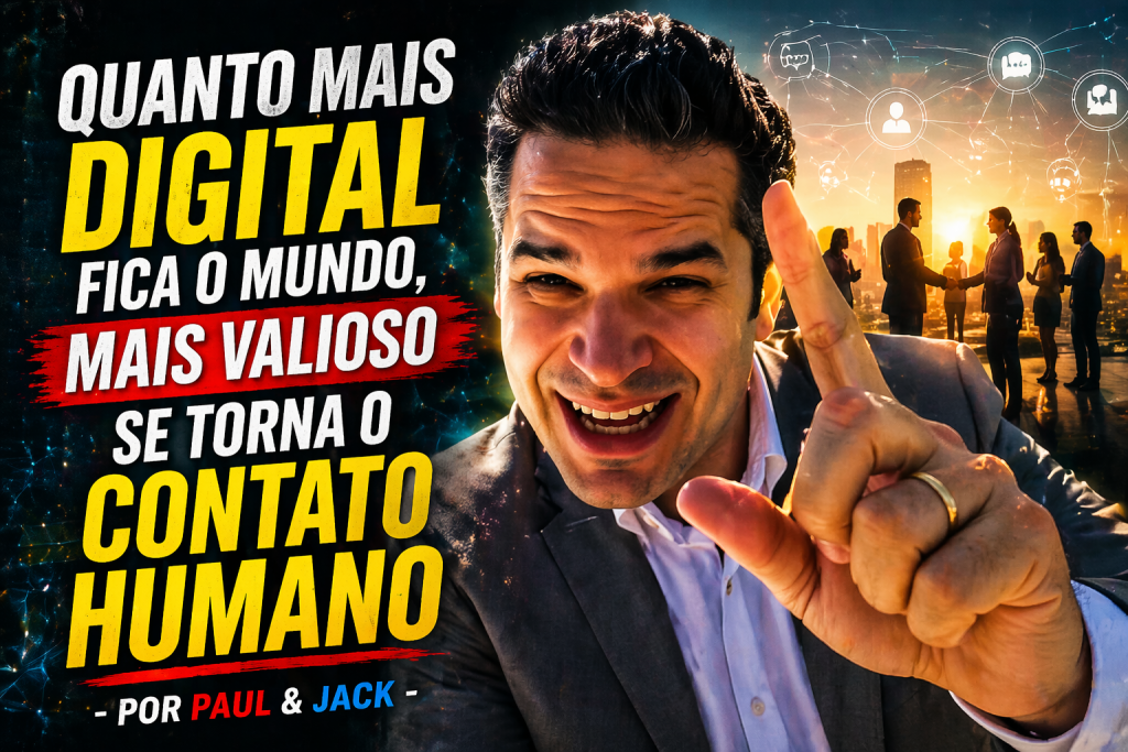 Capa de blog em formato 16:9 mostra Paul em primeiro plano, sorrindo e apontando o dedo para cima, diante de um fundo que mistura elementos digitais e pessoas interagindo. À esquerda, o título em destaque diz: “Quanto mais digital fica o mundo, mais valioso se torna o contato humano - Por Paul & Jack”.