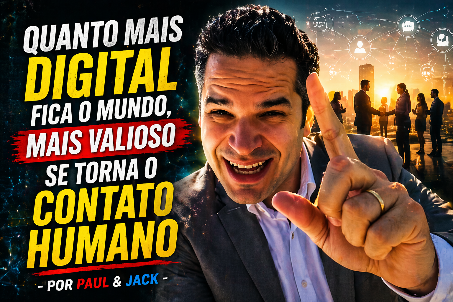Capa de blog em formato 16:9 mostra Paul em primeiro plano, sorrindo e apontando o dedo para cima, diante de um fundo que mistura elementos digitais e pessoas interagindo. À esquerda, o título em destaque diz: “Quanto mais digital fica o mundo, mais valioso se torna o contato humano - Por Paul & Jack”.