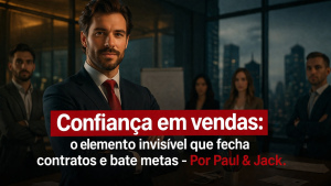 Executivo confiante em primeiro plano em escritório corporativo moderno, com equipe desfocada ao fundo e título sobre faixa vermelha destacando confiança em vendas como fator decisivo para fechar contratos.