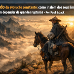 Homem idoso com aparência de sábio chinês cavalga por uma trilha estreita em uma paisagem montanhosa cinematográfica, cercado por névoa e luz dourada do amanhecer. Na parte superior da imagem, uma faixa escura destaca o título: “O segredo da evolução constante: como ir além dos seus limites sem depender de grandes rupturas - Por Paul & Jack”.