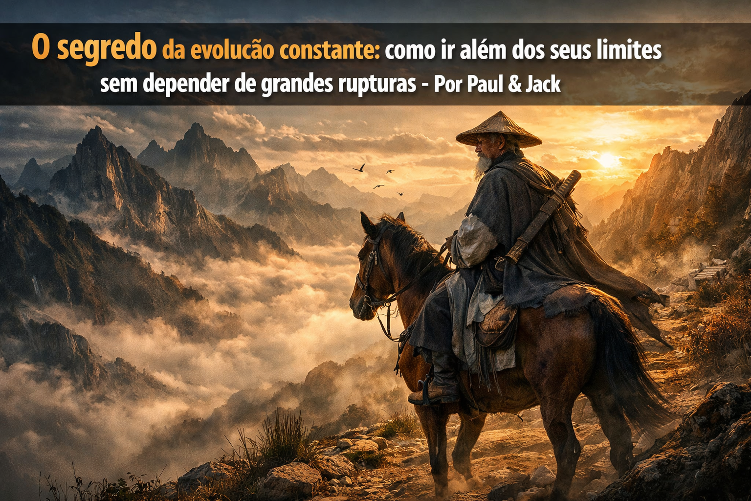 Homem idoso com aparência de sábio chinês cavalga por uma trilha estreita em uma paisagem montanhosa cinematográfica, cercado por névoa e luz dourada do amanhecer. Na parte superior da imagem, uma faixa escura destaca o título: “O segredo da evolução constante: como ir além dos seus limites sem depender de grandes rupturas - Por Paul & Jack”.