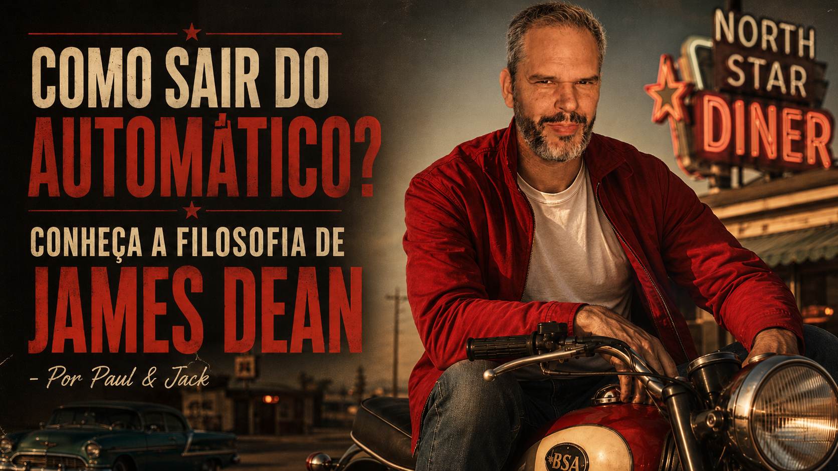 Capa de blog em formato 16:9 mostra Paul vestido no estilo James Dean, com jaqueta vermelha, camiseta branca e jeans, sentado sobre uma moto clássica. À esquerda, o título em destaque diz: “Como sair do automático? Conheça a filosofia de James Dean - Por Paul & Jack”.