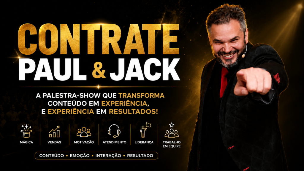 Capa 16:9 com Paul & Jack apontando para o público, em fundo escuro com detalhes dourados, destacando o título “Contrate Paul & Jack”.