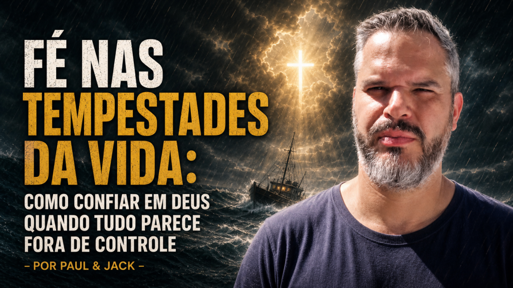 Capa de blog em formato 16:9 mostra Paul em primeiro plano, com expressão séria e confiante, diante de um mar revolto sob tempestade. À esquerda, o título em destaque diz: “Fé nas tempestades da vida: como confiar em Deus quando tudo parece fora de controle - Por Paul & Jack”.
