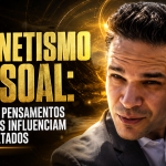 Capa de blog em formato 16:9 mostra um homem em primeiro plano, com o dedo apontado para a têmpora, diante de um fundo iluminado por efeitos dourados que sugerem energia mental e magnetismo. À esquerda, o título em destaque diz: “Magnetismo pessoal: como seus pensamentos dominantes influenciam seus resultados”.