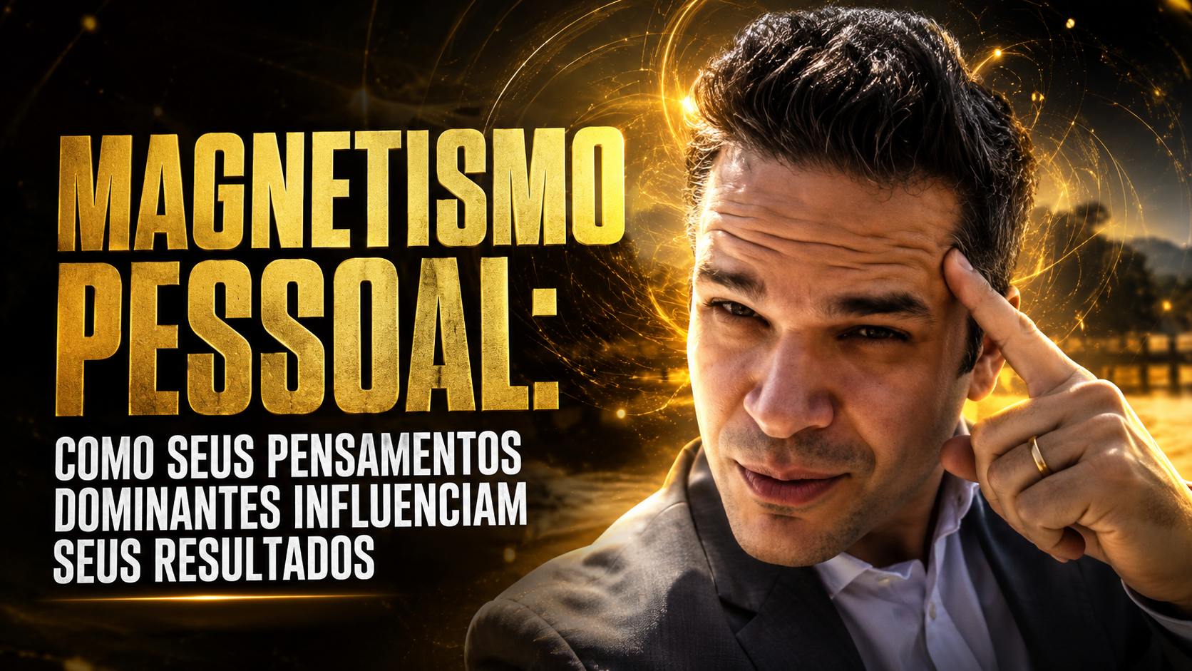 Capa de blog em formato 16:9 mostra um homem em primeiro plano, com o dedo apontado para a têmpora, diante de um fundo iluminado por efeitos dourados que sugerem energia mental e magnetismo. À esquerda, o título em destaque diz: “Magnetismo pessoal: como seus pensamentos dominantes influenciam seus resultados”.