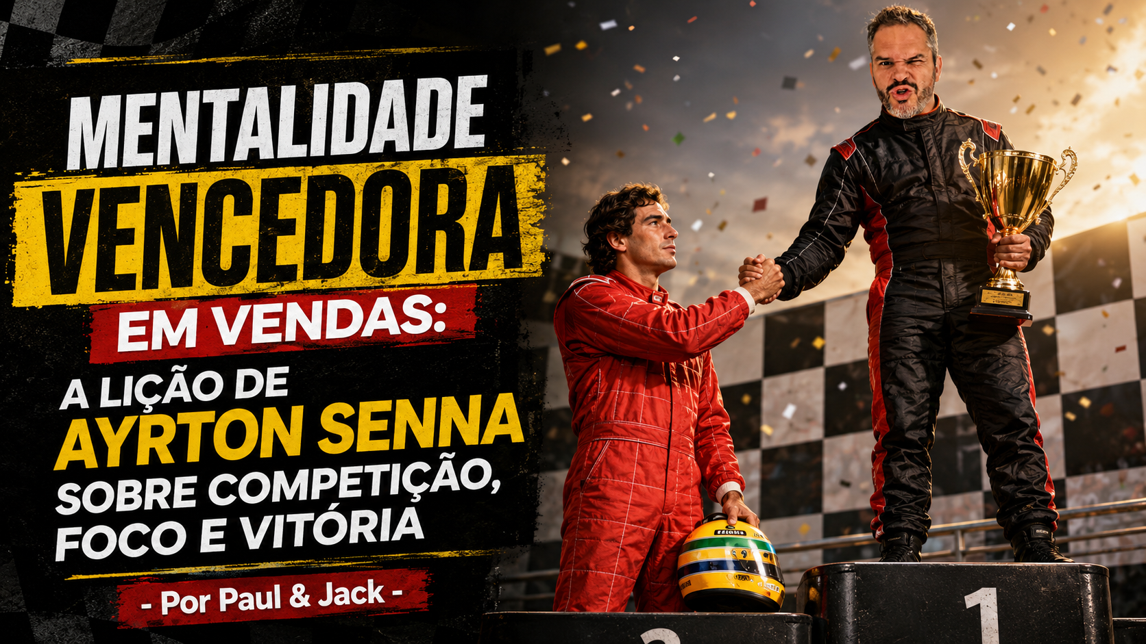 Capa de blog em formato 16:9 mostra Paul em primeiro lugar no pódio, segurando um troféu e cumprimentando um piloto de macacão vermelho no segundo lugar, com expressão abatida. À esquerda, o título em destaque diz: “Mentalidade vencedora em vendas: a lição de Ayrton Senna sobre competição, foco e vitória - Por Paul & Jack”.