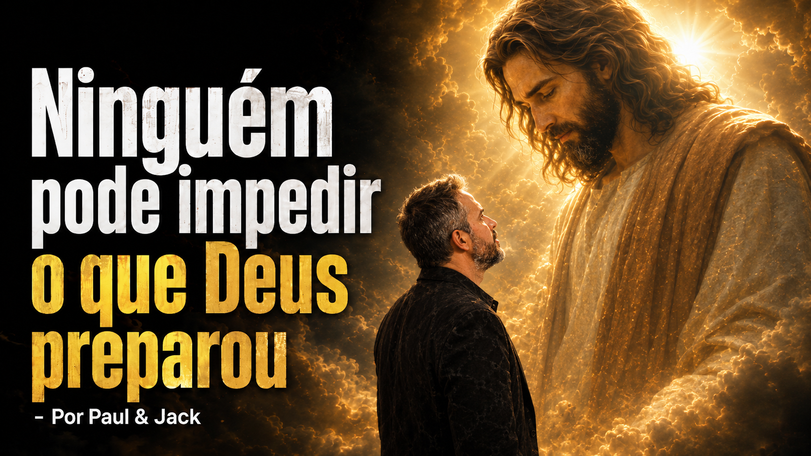 Capa de blog em formato 16:9 mostra Paul de perfil, frente a frente com uma figura celestial gigante que representa Jesus, em meio a nuvens iluminadas. À esquerda, o título em destaque diz: “Ninguém pode impedir o que Deus preparou - Por Paul & Jack”.