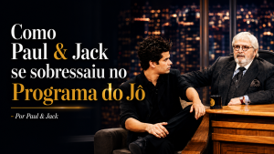 Capa de blog em formato 16:9 mostra Paul & Jack jovem sentado ao lado de Jô Soares no cenário do programa, com luzes da cidade ao fundo. À esquerda, o título em destaque diz: “Como Paul & Jack se sobressaiu no Programa do Jô - Por Paul & Jack”.