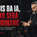 Capa de artigo em formato 16:9 com Paul & Jack segurando microfone em um palco corporativo, com visual escuro e grunge. À esquerda, aparece o título “Depois da IA, o luxo será ser humano”, com subtítulo sobre eventos corporativos mais humanos.