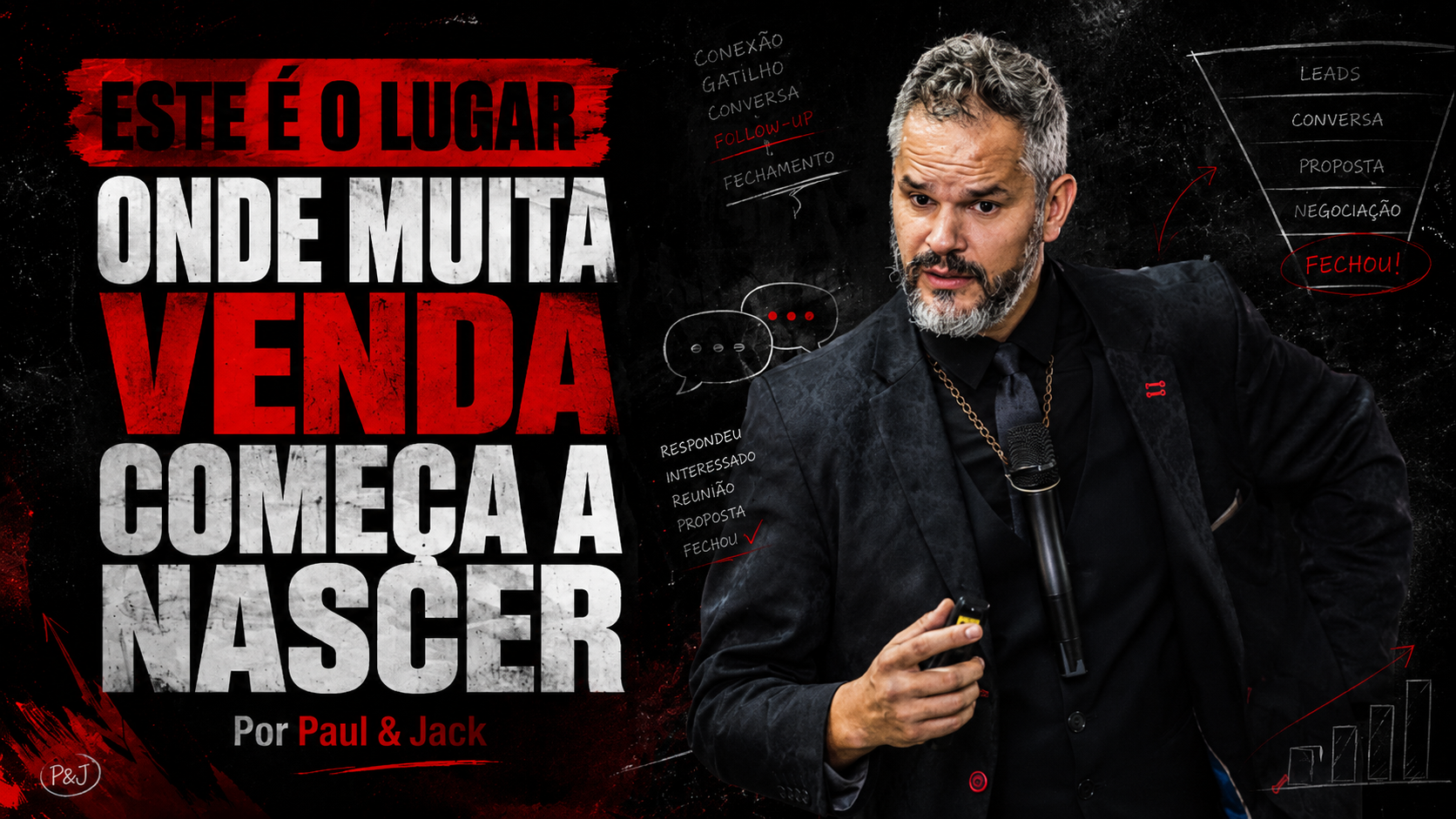Capa de artigo em formato 16:9 com Paul & Jack em destaque à direita, usando traje preto e microfone, em postura de palco. À esquerda, aparece o título “Este é o lugar onde muita venda começa a nascer”, com estética grunge, fundo escuro, elementos visuais de funil comercial, follow-up e fechamento de vendas.