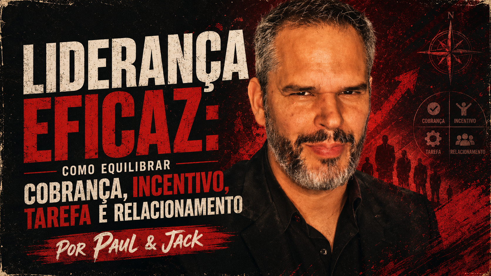Capa 16:9 em estilo grunge vermelho e preto, com palestrante em destaque e o título “Liderança eficaz: como equilibrar cobrança, incentivo, tarefa e relacionamento”.