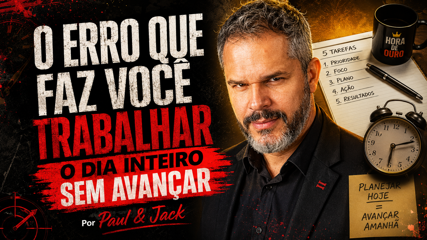 Capa 16:9 com Paul Friedericks em destaque, usando terno preto, ao lado de relógio, caderno e lista de cinco tarefas. O título diz: “O erro que faz você trabalhar o dia inteiro sem avançar”, com assinatura “Por Paul & Jack”
