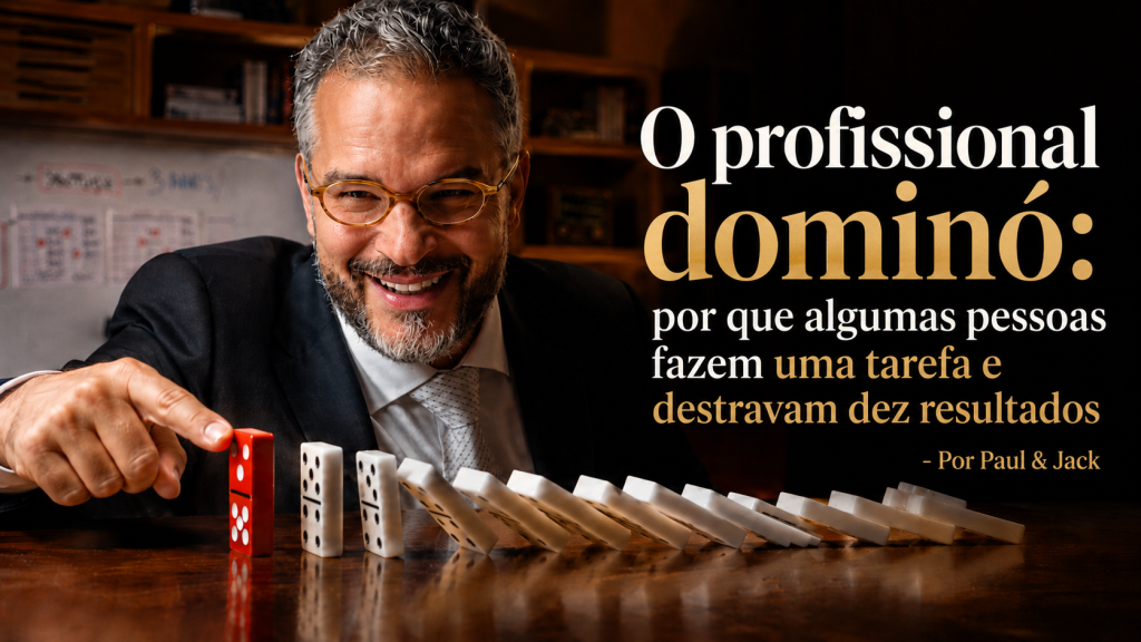 Capa 16:9 do artigo “O profissional dominó”, com Paul & Jack sorrindo e acionando a primeira peça de uma sequência de dominós sobre uma mesa.