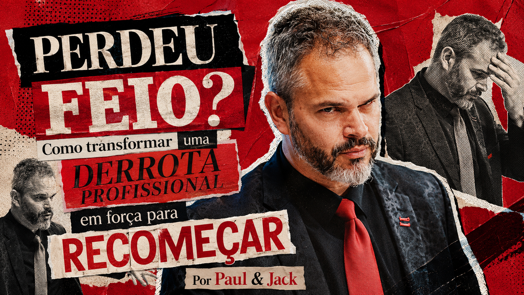 Capa 16:9 em estilo colagem editorial vermelha, com Paul Friedericks em destaque e o título: “Perdeu feio? Como transformar uma derrota profissional em força para recomeçar”.