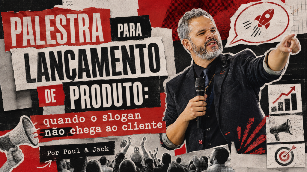 Paul em palco na capa do artigo sobre campanha de vendas, com colagem em vermelho e preto, público e símbolos de lançamento.
