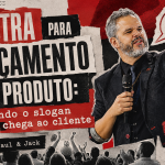 Paul em palco na capa do artigo sobre campanha de vendas, com colagem em vermelho e preto, público e símbolos de lançamento.