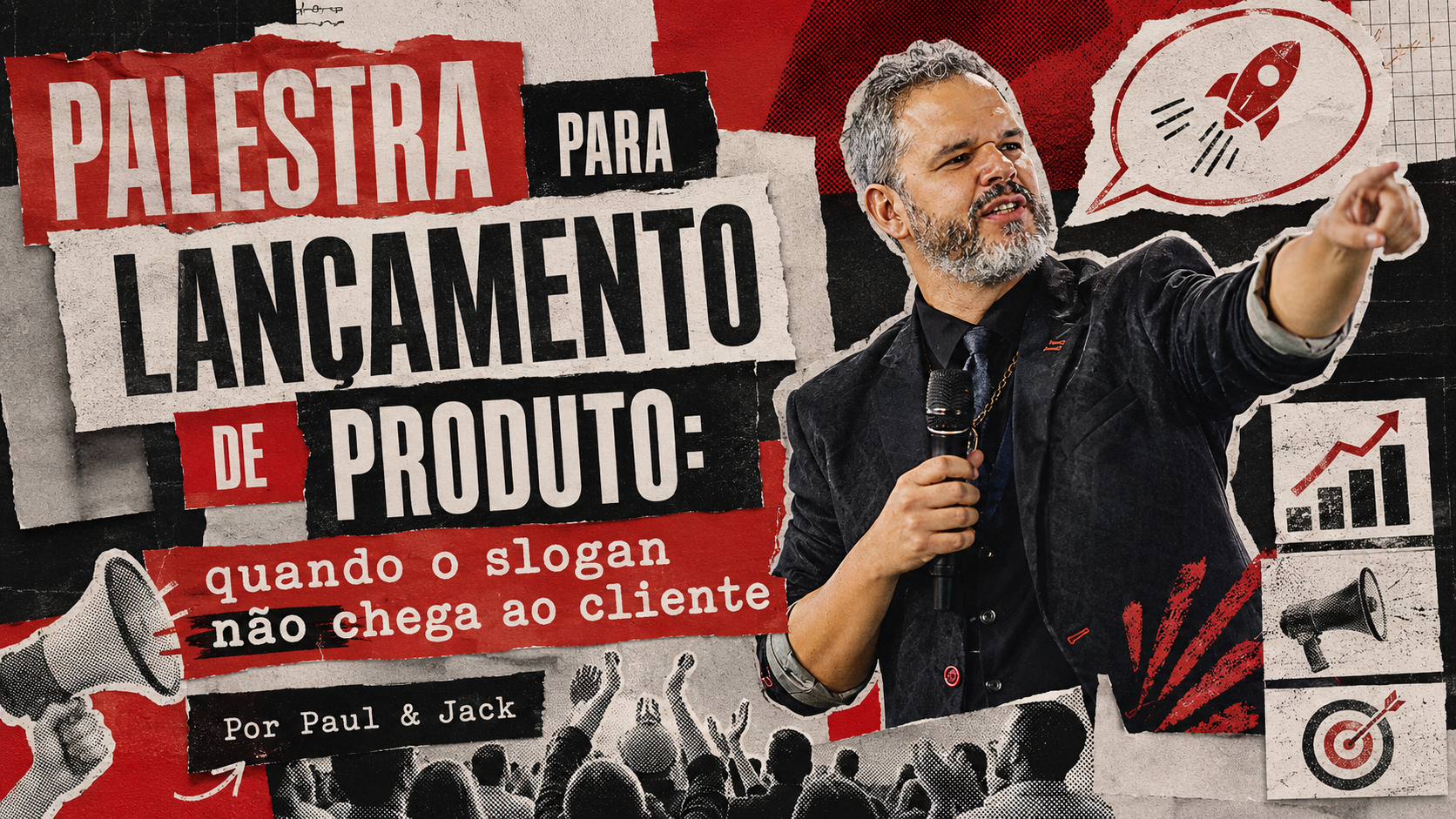 Paul em palco na capa do artigo sobre campanha de vendas, com colagem em vermelho e preto, público e símbolos de lançamento.