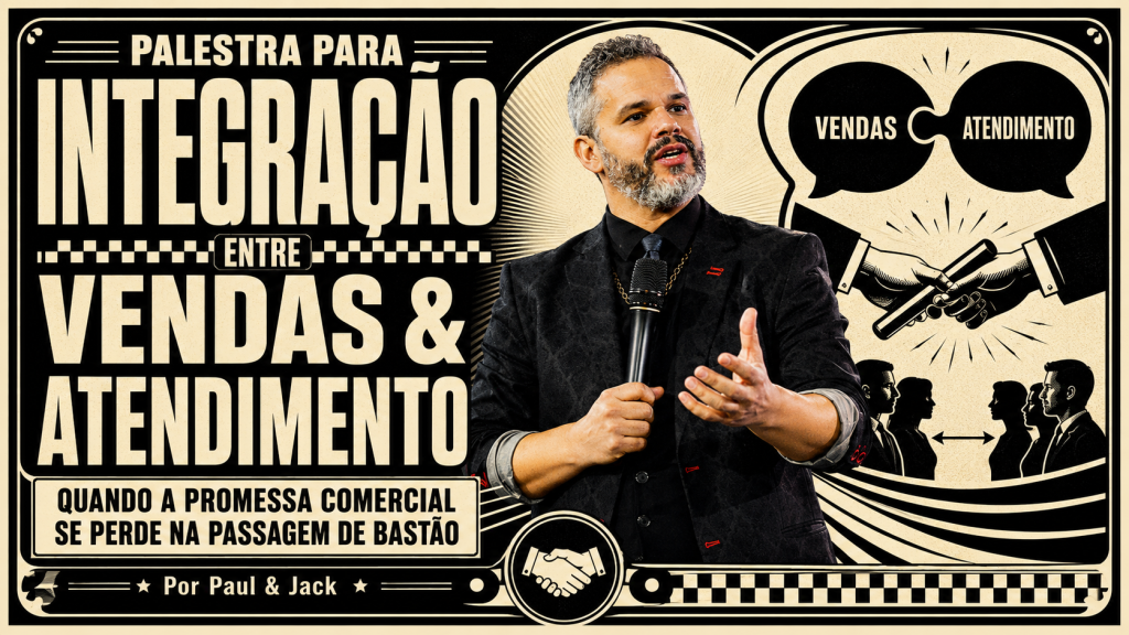 Paul em capa sobre integração entre vendas e atendimento, com aperto de mãos simbolizando a passagem de bastão.